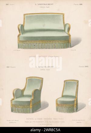 Canapé, Sessel und Stuhl, Canapé fantaise (Genre Russe) / Fauteuil et Chaise fantaisie (Genre Russe) (Titel auf Objekt), L'ameublement / Collection Simple (Serientitel auf Objekt), Ein Sofa, Sessel und ein Stuhl. Druck ab 293. Ausgabe (Livraison)., Druckerei: Chanat, Drucker: Monrocq, Verlag: weduwe Eugène Maincent, Paris, 1895, Papier, Höhe 359 mm x Breite 276 mm, Druck Stockfoto