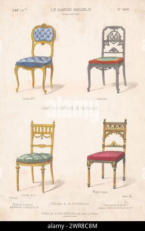 Vier Stühle, Chaises légères de fantaisie / Louis XV / Chinoise / Louis XVI / Mauresque (Titel auf Objekt), Le Garde-meuble / Collection de Sièges (Titel auf Objekt), vier Stühle in verschiedenen Stilen. Druck aus dem 244. Livraison., Druckerei: Midart, Drucker: Becquet, Verlag: Désiré Guilmard, Paris, 1839 - 1885, Papier, Höhe 358 mm x Breite 272 mm, Druck Stockfoto