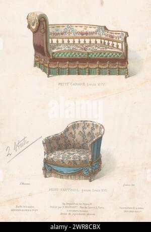 Canapé und Sessel, Petit Canapé Louis XIV / Petit Fauteuil im Louis-Stil. Druck aus dem 291. Livraison., Druckerei: Quéton, Drucker: Becquet frères, Verlag: Eugène Maincent, Paris, 1885 - 1895, Papier, Höhe 358 mm x Breite 276 mm, Druck Stockfoto