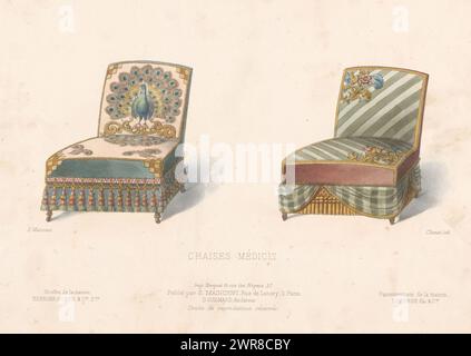 Zwei Stühle, Chaises médicis (Titel auf Objekt), Le Garde-meuble / Collection de Sièges (Titel auf Objekt), zwei Stühle. Druck aus dem 292. Livraison., Druckerei: Chanat, Drucker: Becquet frères, Verlag: Eugène Maincent, Paris, 1885 - 1895, Papier, Höhe 275 mm x Breite 360 mm, Druck Stockfoto