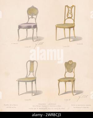 Vier Stühle, Chaisen légères / Louis XV / Louis XVI (Titel auf Objekt), Le Garde-meuble / Collection de Sièges (Titel auf Objekt), zwei Sessel im Stile Louis XV und Louis Print aus dem 336. Livraison., Druckerei: Léon Laroche, Drucker: Monrocq, Verlag: Eugène Maincent, Paris, 1885 - 1895, Papier, Höhe 358 mm x Breite 278 mm, bedruckt Stockfoto