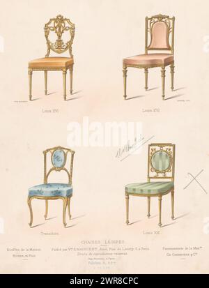 Canapé, Chaises légères / Louis XVI / Transition (Titel auf Objekt), Le Garde-meuble / Collection de Sièges (Titel auf Objekt), vier Stühle, davon drei im Stil Louis XVI. Druck aus der 347. Ausgabe (Livraison)., Druckerei: Léon Laroche, Drucker: Monrocq, Verlag: weduwe Eugène Maincent, Paris, 1895 - 1935, Papier, Höhe 361 mm x Breite 274 mm, Druck Stockfoto