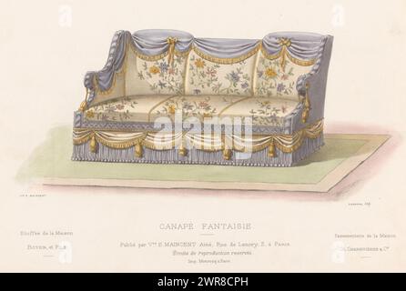 Canapé, Canapé fantaisie (Titel über Objekt), Le Garde-meuble / Collection de Sièges (Titel über Objekt), Ein Sofa. Druck aus der 349. Ausgabe (Livraison)., Druckerei: Léon Laroche, Drucker: Monrocq, Verlag: weduwe Eugène Maincent, Paris, 1895 - 1935, Papier, Höhe 272 mm x Breite 352 mm, Druck Stockfoto