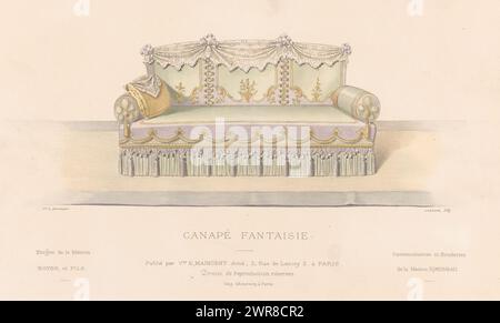 Canapé, Canapé fantaisie (Titel über Objekt), Le Garde-meuble / Collection de Sièges (Titel über Objekt), Ein Sofa. Druck aus der 358. Ausgabe (Livraison)., Druckerei: Léon Laroche, Drucker: Monrocq, Verlag: weduwe Eugène Maincent, Paris, 1895 - 1935, Papier, Höhe 270 mm x Breite 360 mm, Druck Stockfoto