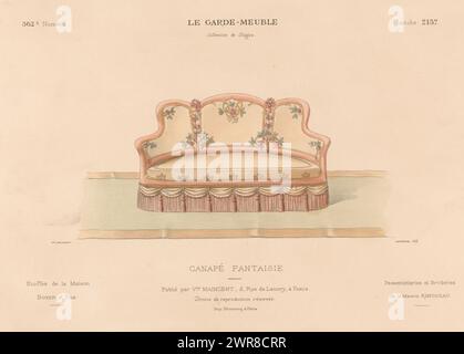 Canapé, Canapé fantaisie (Titel über Objekt), Le Garde-meuble / Collection de Sièges (Titel über Objekt), Ein Sofa. Druck aus der 362. Ausgabe (Livraison)., Druckerei: Léon Laroche, Drucker: Monrocq, Verlag: weduwe Eugène Maincent, Paris, 1895 - 1935, Papier, Höhe 274 mm x Breite 359 mm, Druck Stockfoto