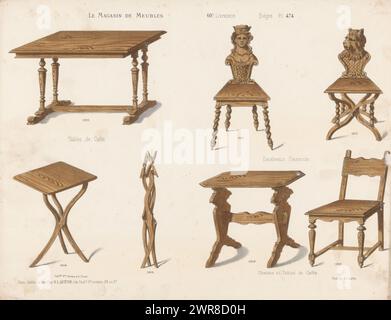 Tische und Stühle, Tische de Cafés / Escabeaux Flamands / Chaises et Tables de Cafés (Titel über Objekt), Le Magasin de Meubles / Sièges (Titel über Objekt), Tische und Stühle für Cafés und zwei Hocker mit klappbarer Rückenlehne (Esccabeau). Druck aus 60. Livraison., Druckerei: Anonym, nach Entwurf: Victor Léon Michel Quétin, Drucker: Victor Léon Michel Quétin, Paris, 1878 - in oder nach 1904, Papier, Höhe 276 mm x Breite 358 mm, Druck Stockfoto