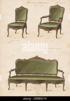 Stuhl, Sessel und Sofa, Chaise Louis XIV / Sessel Louis XIV / Canapé Louis Print von 87th Livraison. Oben rechts der Eingang Sièges Fantaisie, pl. 42., Druckerei: Anonym, nach Entwurf: Victor Léon Michel Quétin, Drucker: Victor Léon Michel Quétin, Paris, 1878 - in oder nach 1904, Papier, Höhe 359 mm x Breite 277 mm, Druck Stockfoto