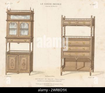 Zwei Schränke, Meubles de Salon Genre anglais (Titel auf Objekt), Le Garde-meuble / Collection de Meubles (Serientitel auf Objekt), zwei Schränke mit offenem Teil. Druck aus dem 275. Livraison., Druckerei: Picard, Drucker: Becquet frères, Verlag: Eugène Maincent, Paris, 1885 - 1895, Papier, Höhe 276 mm x Breite 359 mm, Druck Stockfoto