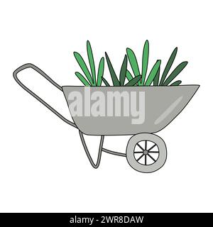 Garten Schubkarre voll von grünen Pflanzen, Gartenarbeit oder Frühling Design Element, Vektor Illustration Stock Vektor