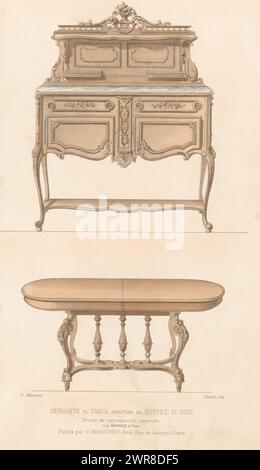 Schrank und Tisch, Servante et table (Titel auf Objekt), Le Garde-meuble / Collection de Meubles (Serientitel auf Objekt), Ein niedriger Schrank und Tisch im Stil Louis XV. Druck aus der 337. Ausgabe (Livraison)., Druckerei: Chanat, Drucker: Monrocq, Verlag: weduwe Eugène Maincent, Paris, 1895 - 1935, Papier, Höhe 355 mm x Breite 276 mm, Druck Stockfoto