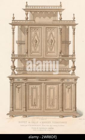 Sideboard, Buffet de salle à Manger, Renaissance (Titel auf Objekt), Le Garde-meuble / Collection de Meubles (Serie Titel auf Objekt), Ein Sideboard aus der Renaissance, das für einen Speisesaal bestimmt ist. Druck aus der 346. Ausgabe (Livraison)., Druckerei: Chanat, Drucker: Monrocq, Verlag: weduwe Eugène Maincent, Paris, 1895 - 1935, Papier, Höhe 359 mm x Breite 279 mm, Druck Stockfoto