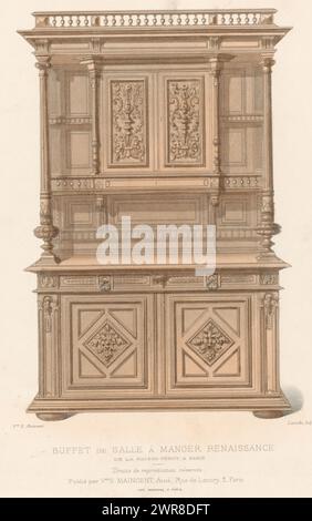 Sideboard, Buffet de salle à Manger Renaissance (Titel auf Objekt), Le Garde-meuble / Collection de Meubles (Titel auf Objekt), Ein Sideboard aus der Renaissance, das für einen Speisesaal bestimmt ist. Druck ab 341. Ausgabe (Livraison)., Druckerei: Léon Laroche, Drucker: Monrocq, Verlag: weduwe Eugène Maincent, Paris, 1895 - 1935, Papier, Höhe 356 mm x Breite 274 mm, Druck Stockfoto