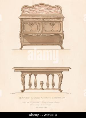 Schrank und Tisch, Servante et table (Titel auf Objekt), Le Garde-meuble / Collection de Meubles (Serientitel auf Objekt), Ein niedriger Schrank und rechteckiger Tisch im Stil Louis XV. Druck aus der 360. Ausgabe (Livraison)., Druckerei: Chanat, Drucker: Monrocq, Verlag: weduwe Eugène Maincent, Paris, 1895 - 1935, Papier, Höhe 361 mm x Breite 278 mm, Druck Stockfoto