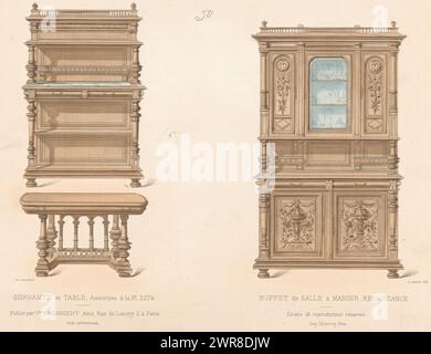 Schrank, Tisch und Sideboard, Servante et table / Buffet de salle à Manger Renaissance (Titel auf Objekt), L'ameublement / Collection Simple (Serie Titel auf Objekt), offener Renaissance-Schrank, Tisch und Sideboard. Druck aus dem 307. Livraison., Druckerei: Léon Laroche, Drucker: Monrocq, Verlag: weduwe Eugène Maincent, Paris, 1895, Papier, Höhe 279 mm x Breite 359 mm, Druck Stockfoto