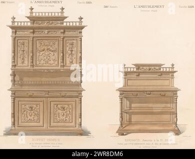 Sideboard und Schrank, Buffet Henri II / Servante (Titel auf Objekt), L'ameublement / Collection Simple (Serientitel auf Objekt), Sideboard und niedriger offener Schrank im Stil Henry II. Druck ab 316e Livraison., Druckerei: Léon Laroche, Drucker: Monrocq, Verlag: weduwe Eugène Maincent, Paris, 1895, Papier, Höhe 277 mm x Breite 358 mm, Druck Stockfoto