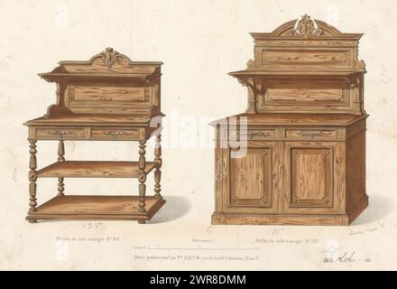 Schrank und Sideboard, Etagère de salle à Manger / Buffet de salle à Manger / (Renaissance) (Titel auf Objekt), Le Magasin de Meubles / Meubles (Titel auf Objekt), offener Renaissance-Schrank und niedriger Sideboard, für einen Speisesaal bestimmt. Druck vom 19. Livraison., Druckerei: Anonym, nach Entwurf von Victor Joseph Quétin, Drucker: Victor Joseph Quétin, Paris, 1832 - 1877, Papier, Höhe 272 mm x Breite 360 mm, Druck Stockfoto