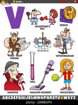 Zeichentrickdarstellung von Objekten und Zeichen für den Buchstaben V Stock Vektor