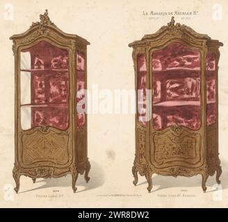 Zwei Vitrinen, Vitrine Louis XV/Vitrine Louis XV Rocaille (Titel über Objekt), Le Magasin de Meubles No (Serientitel über Objekt), zwei Vitrinen im Stil Louis XV. Druck aus 90. Livraison., Druckerei: Anonym, nach Entwurf: Victor Léon Michel Quétin, Drucker: Victor Léon Michel Quétin, Paris, 1878 - in oder nach 1904, Papier, Höhe 277 mm x Breite 362 mm, Druck Stockfoto