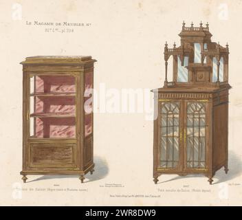 Zwei Vitrinen, Vitrine de Salon (Noyer teinté et Moulures cuivre) / Petit meuble de Alon (Modèle déposé) (Titel über Objekt), Le Magasin de Meubles No (Serientitel über Objekt), zwei Vitrinen, einer mit Spiegeln. Druck aus 92. Livraison., Druckerei: Anonym, nach Entwurf: Victor Léon Michel Quétin, Drucker: Victor Léon Michel Quétin, Paris, 1878 - in oder nach 1904, Papier, Höhe 276 mm x Breite 355 mm, Druck Stockfoto