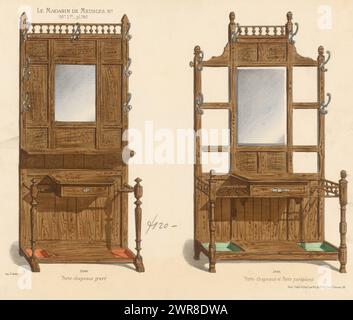 Zwei Möbelstücke mit Spiegel und Garderobenständern, Porte-Chapeaux gravé / Porte-Chapeaux et Porte foutas (Titel über Objekt), Le Magasin de Meubles No (Serientitel über Objekt), zwei Möbelstücke mit Spiegel, Garderobenständer und Schirmständer. Druck aus 93. Livraison., Druckerei: Anonym, nach Entwurf: Victor Léon Michel Quétin, Drucker: Victor Léon Michel Quétin, Paris, 1878 - in oder nach 1904, Papier, Höhe 277 mm x Breite 356 mm, Druck Stockfoto