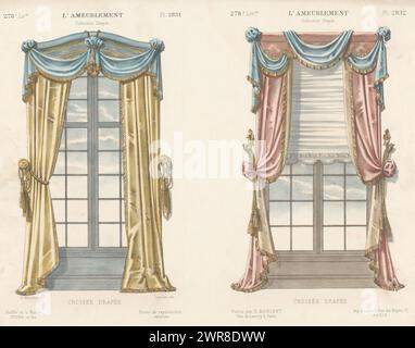 Zwei Fenster mit Vorhängen, Croisée Drapée (Titel auf Objekt), L'ameublement / Collection Simple (Serientitel), zwei Fenster mit Vorhängen. Druck aus dem 278. Livraison., Druckerei: Léon Laroche, Drucker: Becquet frères, Verlag: Eugène Maincent, Paris, 1885 - 1895, Papier, Höhe 276 mm x Breite 360 mm, bedruckt Stockfoto