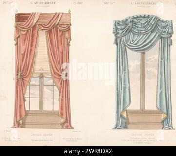 Zwei Fenster mit Vorhängen, Croisée Drapée (Titel auf Objekt), L'ameublement / Collection Simple (Serientitel), zwei Fenster mit Vorhängen. Druck aus dem 281. Livraison., Druckerei: Léon Laroche, Drucker: Becquet frères, Verlag: Eugène Maincent, Paris, 1885 - 1895, Papier, Höhe 272 mm x Breite 358 mm, bedruckt Stockfoto