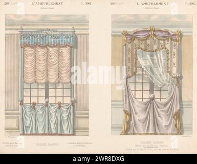 Zwei Fenster mit Vorhängen, Croisée Drapée (Titel auf Objekt), L'ameublement / Collection Simple (Serientitel), zwei Fenster mit Vorhängen. Druck aus dem 289. Livraison., Druckerei: Léon Laroche, Drucker: Monrocq, Verlag: Eugène Maincent, Paris, 1885 - 1895, Papier, Höhe 275 mm x Breite 358 mm, bedruckt Stockfoto