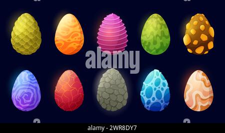 Zeichentrickfilm Fantasy Drachen Ei. Mythische Kreatur Eier mit einzigartigen Mustern, magischen Texturen und lebendigen Farben Vektor Illustration Set Stock Vektor