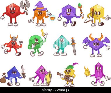 Brettspiel würfelt Maskottchen. Fantasy-Spiel thematisch geometrische Formen Würfel für Tischspiele spielen isolierte Vektor-Illustration Set Stock Vektor