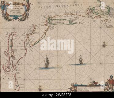 Seekarte der Nordostküste Amerikas, in der Nähe des damaligen New Amsterdam, Pas caerte van Nieu Nederlandt und der englischen Virginies von Cabo Cod bis Cabo Canrick (Titel auf Objekt), Druckerei: Anonym, Verlag: Pieter Goos, Amsterdam, 1666, Papier, Gravur, Ätzen, Höhe 437 mm x Breite 546 mm, Druck Stockfoto