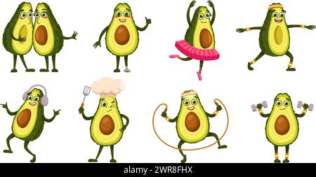 Cartoon Avocados Maskottchen Charaktere. Verspielte Avocadofiguren mit Fitnessposen, Chefkoch, Balletttänzer und Küssen Paar Vektor Illustration Set Stock Vektor