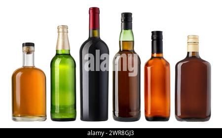 Set von Flaschen mit verschiedenen Flüssigkeiten auf transparentem Hintergrund. Stockfoto