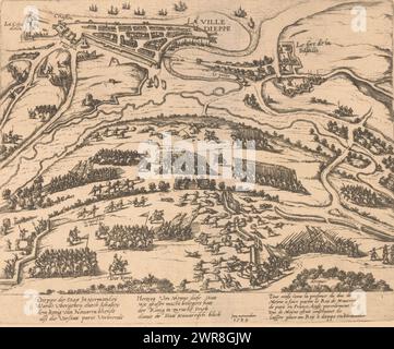 Dieppe befreit von Heinrich IV., 1590, La Ville Dieppe (Titel auf Objekt), die belagerte Dieppe entlastet von Heinrich IV., 11. Februar 1590. Die Schlacht im Vordergrund, in der Ferne eine Karte der Stadt Dieppe aus der Vogelperspektive. Aktion zum Ausdruck vom November 1589. Mit 8 Zeilen auf Deutsch und 5 Zeilen auf Französisch. Nicht Nummeriert. Spiegelkopie oder Wiederholung von Hogenbergs Druck, Druckerei: Frans Hogenberg, (Werkstatt), Köln, 1590, Papier, Ätzen, Höhe 22 mm x Breite 271 mm, bedruckt Stockfoto