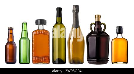 Set von Flaschen mit verschiedenen Flüssigkeiten auf transparentem Hintergrund. Stockfoto