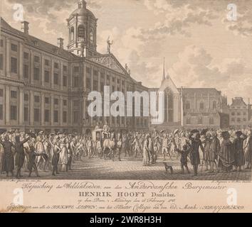 Beifall von Hendrik Danielsz. Hooft auf dem Damm, jubelt von dem gut denkenden Bürgermeister Henrik Hooft Danielsz. Am Damm, Montag, 26. Februar 1787 (Titel über Objekt), Bild des Damms mit dem Rathaus auf der linken Seite und dem Nieuwe Kerk im Hintergrund. Winking Audiences Greet Hooft, sitzend in einer Kutsche., Druckerei: Noach van der Meer, nach eigenem Entwurf von: Noach van der Meer, Verlag: J. Sluytman van der Meer, 1787, Papier, Gravur, Radierung, Höhe 260 mm x Breite 310 mm, bedruckt Stockfoto