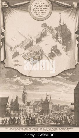 Blick auf das Alte Rathaus in Amsterdam und die angrenzenden Gebäude, das Alte Rathaus und die angrenzenden Gebäude, wie sie im Jahr 1544 waren (Titel auf Objekt), Druck mit zwei Bildern. Unten ein Blick auf das Alte Rathaus, die Waag, die Nieuwe Kerk und andere umliegende Gebäude, wie sie um das Jahr 1615 herum sahen. Oben, in einem Vorhang, ein Blick aus der Vogelperspektive auf das Alte Rathaus und die umliegenden Gebäude, wie sie 1544 sahen., Druckerei: Anonym, nach Entwurf von: Cornelis Anthonisz., nach Zeichnung von: Claes Jansz. Visscher (II), Amsterdam, c. 1765, Papier, Ätzen Stockfoto