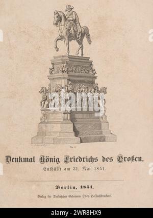 Reiterstatue Friedrichs des Großen, 1851 enthüllt, Denkmal König Friedrichs des Großen. Enthüllt am 31. Mai 1851 (Titel zum Objekt), Blatt zur Enthüllung der Reiterstatue Friedrichs des Großen, unter den Linden in Berlin, enthüllt am 31. Mai 1851. Großes gefaltetes Blatt mit 28 nummerierten Darstellungen der Statue und der Reliefs auf dem Sockel. Auch sieben Seiten Text., Druckerei: Anonym, nach Zeichnung von: Theodor Neu, nach Zeichnung von: Ludwig Burger, nach Zeichnung von: Deutschland, nach Zeichnung von: Deutschland, Verlag: Berlin, 1851, Papier Stockfoto