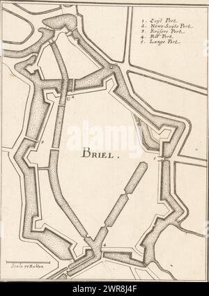 Festungskarte von Brielle, Briel (Titel auf Objekt), Karte der Befestigungen von Brielle, oben rechts eine Legende 1-5. Unten links ein Schuppenstift: Scala 50 Ruhten., Druckerei: Caspar Merian, nach Entwurf: Johann Merck, Verlag: Caspar Merian, Frankfurt am Main, 1654, Papier, Ätzen, Höhe 176 mm x Breite 134 mm, bedruckt Stockfoto