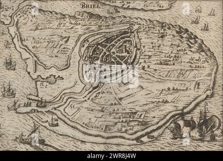 Karte der Insel Voorne und Karte von Brielle, 1572, Briel (Titel auf Objekt), Karte von den Briel, gefangen von den Wasserbetteln am 1. April 1572. Blick auf die Insel Voorne mit der Stadt den Briel aus der Vogelperspektive. Im Wasser zwei Kriegsschiffe und ein Fischerboot., Druckerei: Anonym, nach Druck von: Anonym, Verlag: Willem Janszoon Blaeu, Druckerei: Low Countries, Verlag: Amsterdam, 1612, Papier, Ätzen, Höhe 166 mm x Breite 242 mm, bedruckt Stockfoto