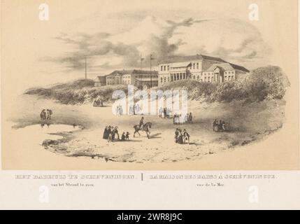 Blick auf das Badehaus in Scheveningen, das Badehaus in Scheveningen vom Strand aus gesehen / La maison des bains á Schéveningue vue de la mar (Titel über Objekt), Druckerei: Anonym, ca. 1800 - ca. 1899, Papier, Höhe 250 mm x Breite 344 mm, Druck Stockfoto