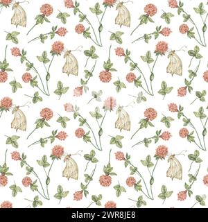 botanische nahtlose Textur mit Wiesenklee und Schmetterlingen. Aquarellabbildung. Ein zartes Muster für Verpackungen, Kindertextilien, Frühling Stockfoto
