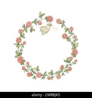 Ein runder Aquarellkranz aus Wildblumen aus Kleeblättern und Blättern und ein Schmetterling. Vorlage für Text, Grußkarte, Hochzeitseinladung Stockfoto