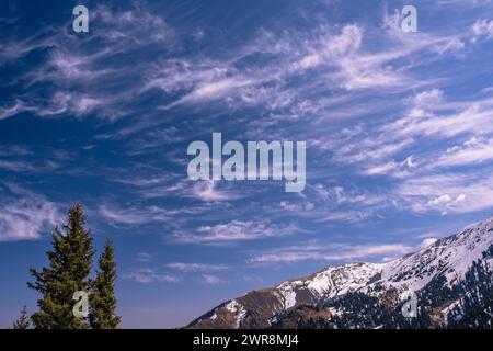 Spektakuläre verzierte Wolken über verschneiten Hochlands mit Nadelwäldern Stockfoto