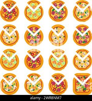 Vektorsammlung italienischer Pizza-Ikonen isoliert auf weißem Hintergrund. Pizza in Scheiben mit Käse, Pilzen, Oliven, Zwiebeln, Pfeffer, Peperoni, Garnelen, Stock Vektor