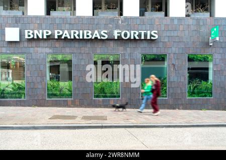 Shopper gehen vorbei an der BNP Paribas Fortis Bank im Stadtzentrum von Gent/Gent, Ostflandern, Belgien Stockfoto