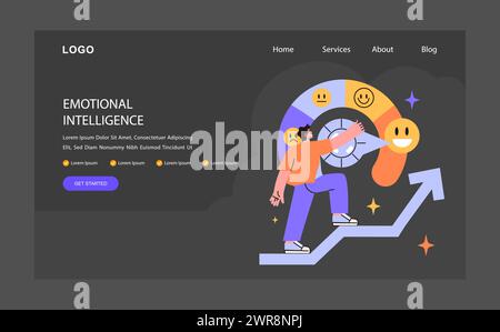 Ein Mann navigiert durch seine emotionale Intelligenz und passt Stimmungen auf einem dynamischen Radnacht- oder Dunkelmodus-Webbanner oder einer Landingpage an. Reise zur Selbstwahrnehmung. Stimmungskalibrierung. Illustration des flachen Vektors. Stock Vektor