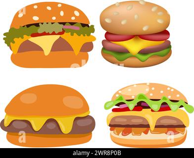 Vektor-Hamburger-Fast-Food-Symbole. Bunte Cheeseburger-Symbole. Sandwich mit Brot, Käse, Rindfleisch, Tomaten und Salat. Flach- und Mesh-Grafikdesign o Stock Vektor