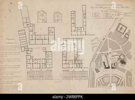 Entwurf des Königlichen Palastes in Brüssel, Concours d'Architecture, Projet de Palais pour sa Majesté à Bruxelles (Titel über Objekt), Entwurf des Königlichen Palastes in Brüssel mit Grundrissen, Fassadendesigns, Abschnitten und Gartengestaltung. Das Programm links., Druckerei: Anonym, 1775 - 1825, Papier, Ätzen, Höhe 335 mm x Breite 438 mm, bedruckt Stockfoto