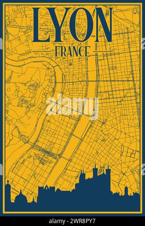 Handgezeichnetes Straßennetz und Skyline-Poster der Innenstadt von LYON, FRANKREICH Stock Vektor
