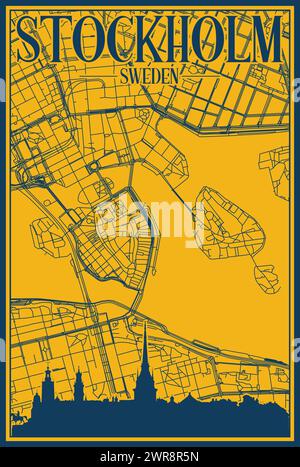 Handgezeichnetes Straßennetz und Skyline-Poster der Innenstadt von STOCKHOLM, SCHWEDEN Stock Vektor